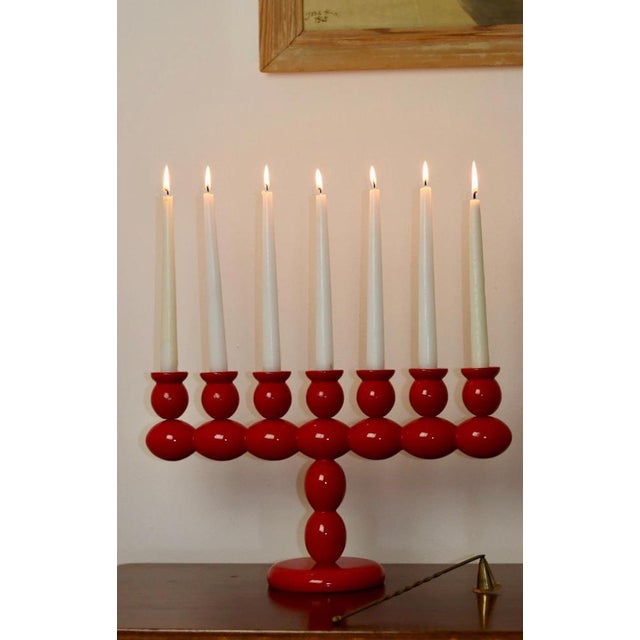 Made in Sweden. An exquisite Swedish wooden bobbin candelabra from the vintage era, capable of holding seven dinner...