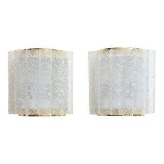 Vintage Textural Ice Glass Pipe Tube and Brass Scones by Doria, Pair Of, 1950's For Sale