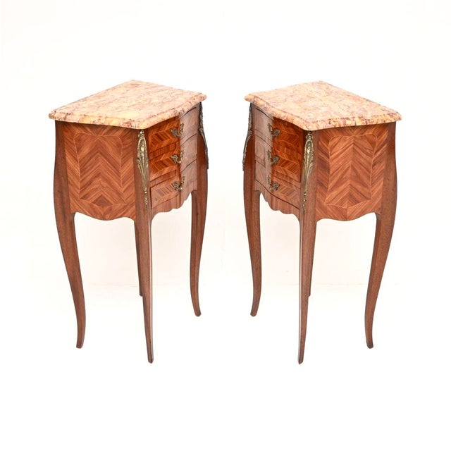 Antique French Inlaid Parquetry Marble Top Bedside Chests, 1900, Set of 2 For Sale - Image 3 of 11