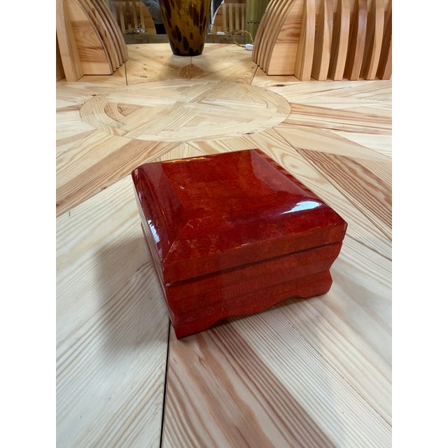 Vintage Red Lacquer Decorative Box With Scalloped Footed Base For Sale - Image 4 of 8