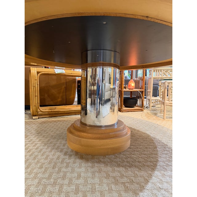 Vintage Art Deco Inspired 66” Blonde Oak Pedestal Dining Table With Chrome Accents For Sale In West Palm - Image 6 of 7