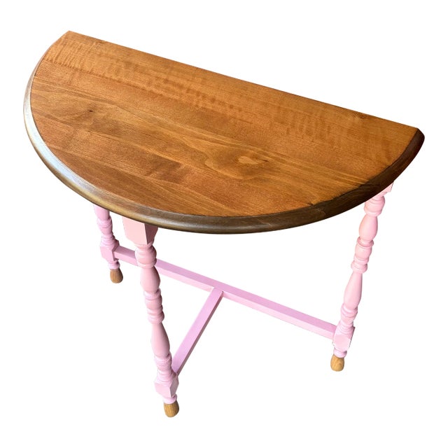 1940s Vintage Pink Petite Half Moon Table Professionally Refinished For Sale