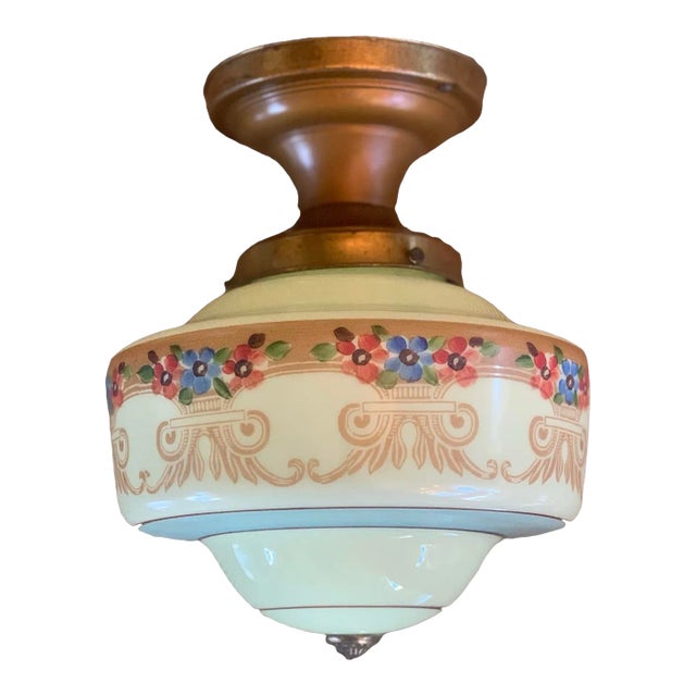 Leaf Motif Painted Custard Glass and Old Brass Flush Mount Fixture Circa 1930 For Sale