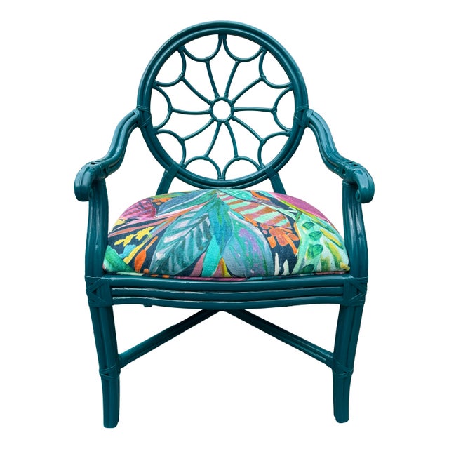 Spiderback Rattan Dining Set, Newly Painted and Re-Upholstered For Sale - Image 9 of 11