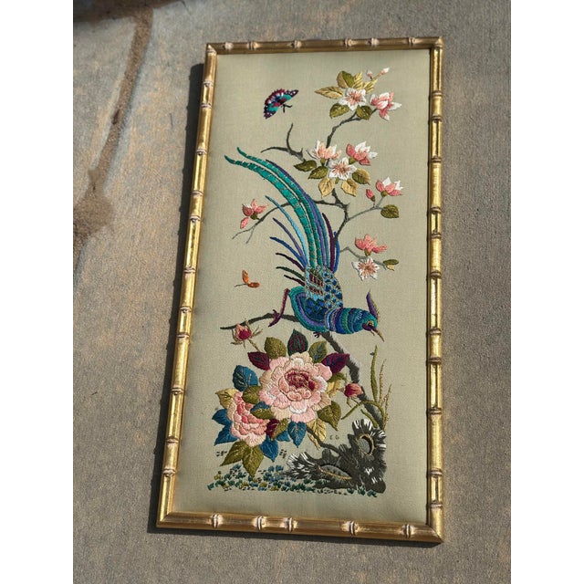 Vintage Chinoiserie Embroidered Silk Panel in Faux Bamboo Frame For Sale - Image 9 of 12