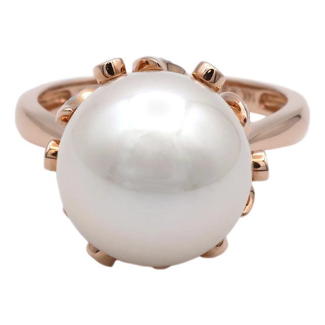 14k (585) Rose Gold Natural Brilliant Diamond and White Pearl Ring, Size 8 For Sale