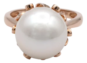 14k (585) Rose Gold Natural Brilliant Diamond and White Pearl Ring, Size 8