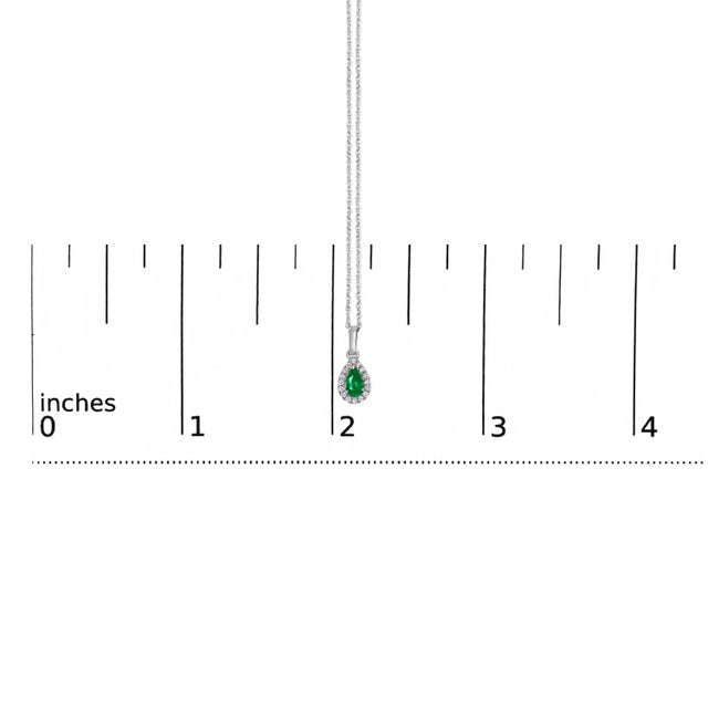Early 21st Century 10K White Gold 5x3mm Green Emerald and Diamond Accent Halo Pear Shape 18" Pendant Necklace (I-J Color, I1-I2 Clarity) For Sale - Image 5 of 5