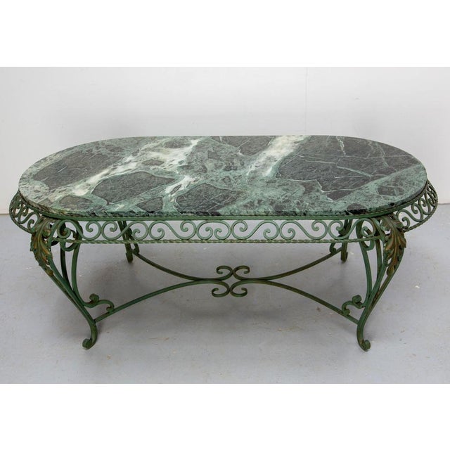 French Green Oval Marble Top & Wrought Iron Coffee Table, 1960 For Sale - Image 11 of 17