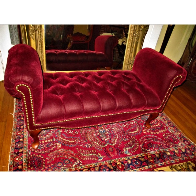 Vintage Queen Ann Ottoman Red Velvet Tufted Entryway / End of Bed Couch Settee For Sale - Image 10 of 10