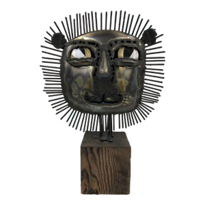 Brutalist Metal Lion Sculpture With Glass Eyes