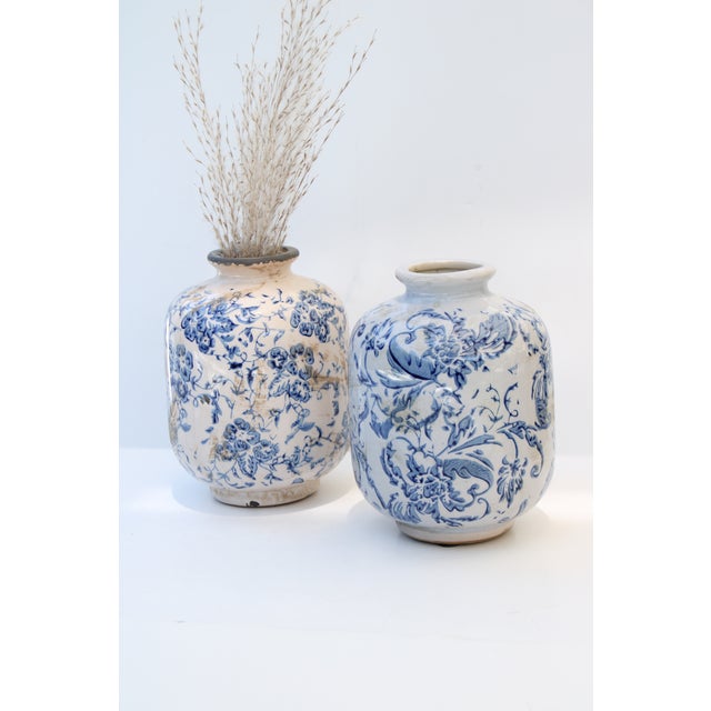 Ceramic Vintage Inspired Blue and White Floral Pottery Vase For Sale - Image 7 of 8