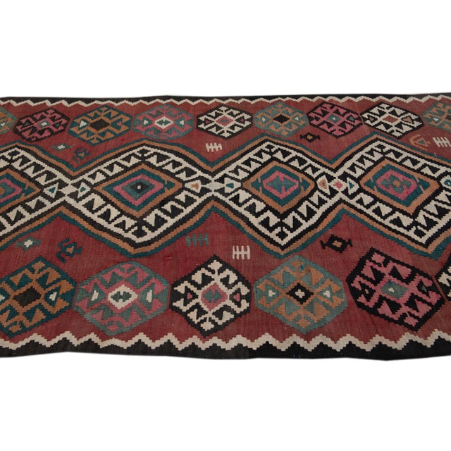 1960s Vintage Kilim Handmade Flatweave Tribal Motif Red Wool Runner For Sale - Image 5 of 11