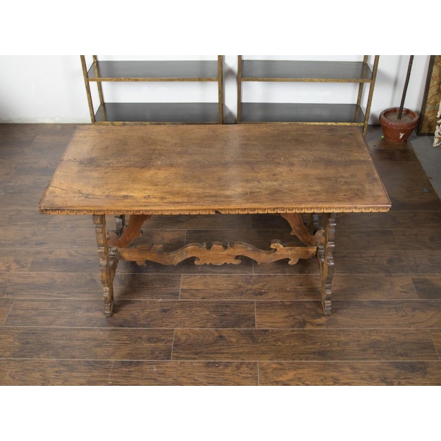 Brown Italian Baroque Style 19th Century Walnut Table with Carved Trestle Base For Sale - Image 8 of 12