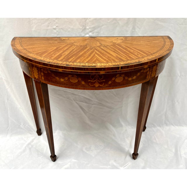 English 1970s Baker Furniture Stately Homes Demilune Inlaid Wood Game Table For Sale - Image 3 of 12
