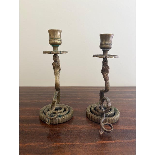 1920s Antique French Brass Serpent Snake Candle Holders, Pair For Sale - Image 5 of 14