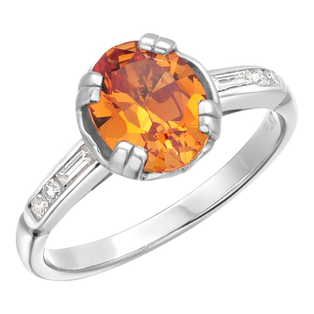 Vintage Platinum 1.5 Carat Cushion Orange Sapphire Diamond Ring Size 7.75 For Sale