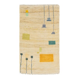 Beige Modern Turkish Oushak Wool Rug With Artwork Pattern For Sale
