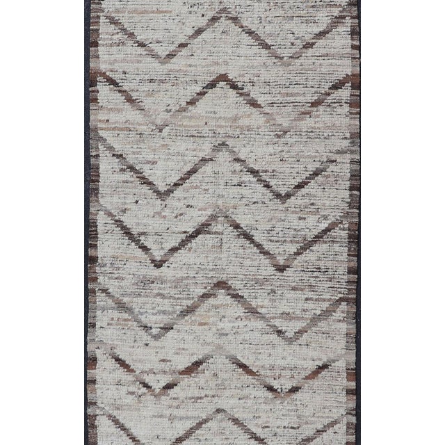 Tribal Modern Hand Knotted Runner in All-Over Design in Brown Color & Cream Background For Sale - Image 3 of 9