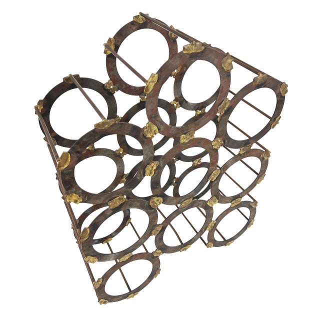 Vintage 1960s Handmade Brutalist Welded Geometric Circle 9-Bottle Wine Rack Holder For Sale - Image 4 of 8