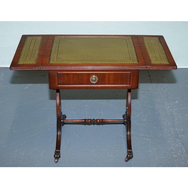 Regency Style Hardwood Side Table with Green Leather Inset Top and Drop Leaves For Sale - Image 9 of 16