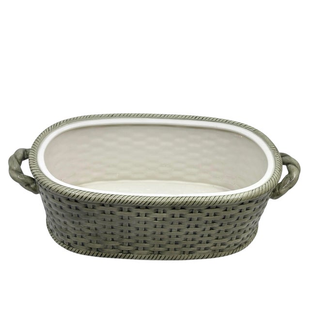 Ceramic Vintage Basketweave Green Cachepot / Decorative Bowl With Handles For Sale - Image 7 of 8