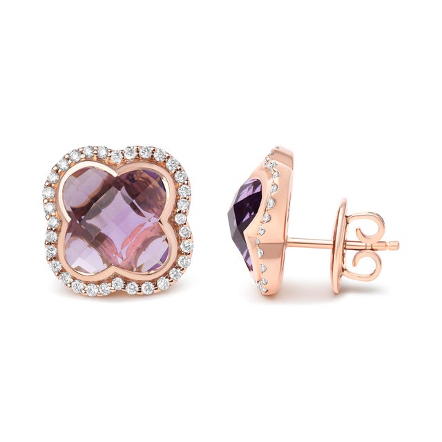Contemporary 18K Rose Gold 3/8 Cttw Diamond and 11x11mm Clover-Cut Purple Amethyst Gemstone Clover Halo Stud Earr For Sale - Image 3 of 5