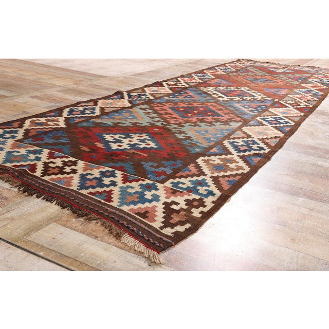 Brown Late 19th Century Persian Shiraz Kilim Rug, 04'06 X 14'09 For Sale - Image 8 of 11
