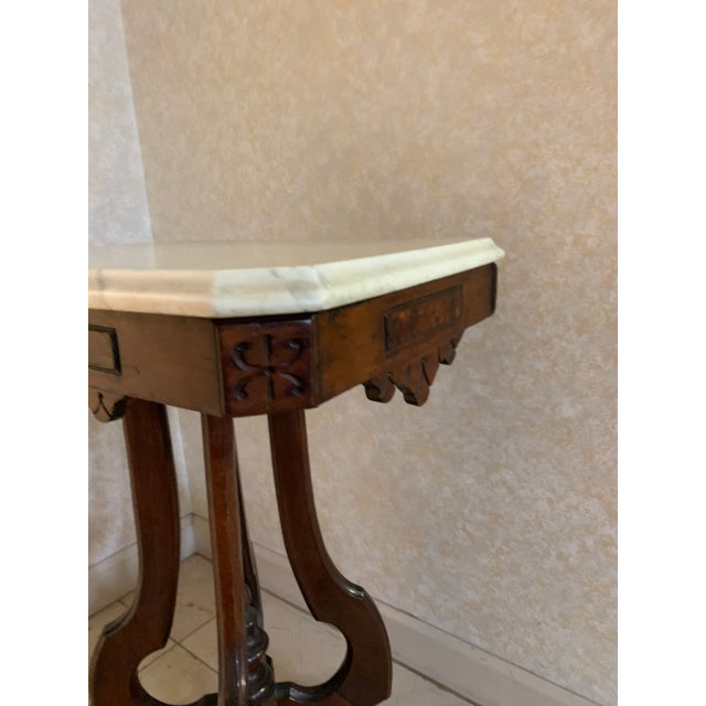 Victorian Early 1900s Antique Eastlake Carved Walnut Marble Top Table For Sale - Image 3 of 3