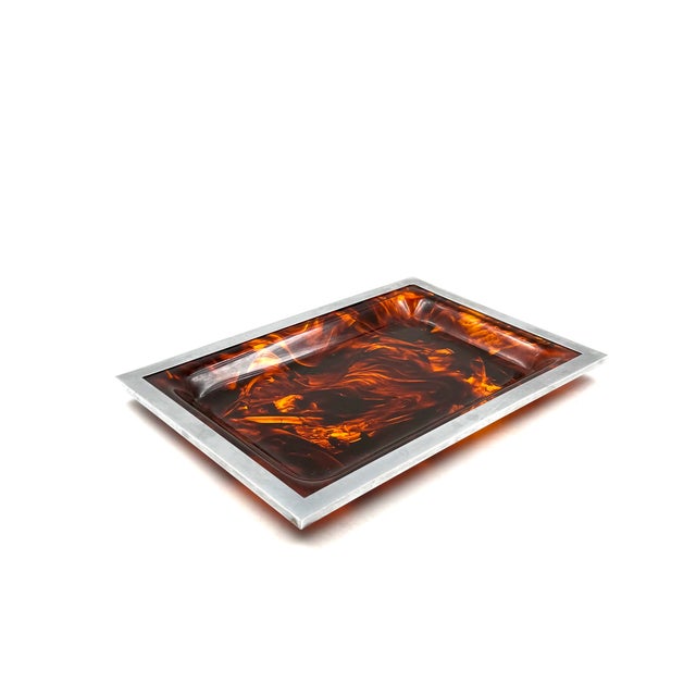 Hollywood Regency Brass and Tortoiseshell Acrylic Glass Tray, Italy, 1970s For Sale - Image 12 of 12