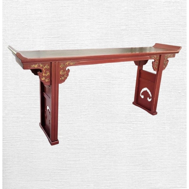 Vintage Chinoiserie Regency Style Red Lacquer Altar Console Table With Gold Leaf Cutput Accents For Sale - Image 9 of 11