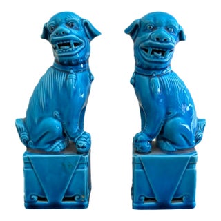 Mid-Century Chinoiserie Turquoise Glazed Porcelain Foo Dogs, Pair For Sale