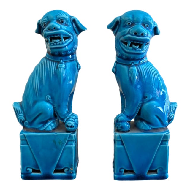 Mid-Century Chinoiserie Turquoise Glazed Porcelain Foo Dogs, Pair For Sale
