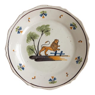18th Century French Nevers Faience Lion Plate For Sale