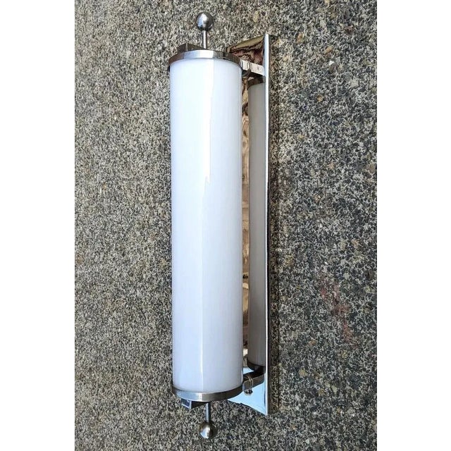 1940s Pair Skyscraper Vintage Art Deco Wall Sconces in Nickel Brass & Milk Glass Tube Ship Light For Sale - Image 5 of 6