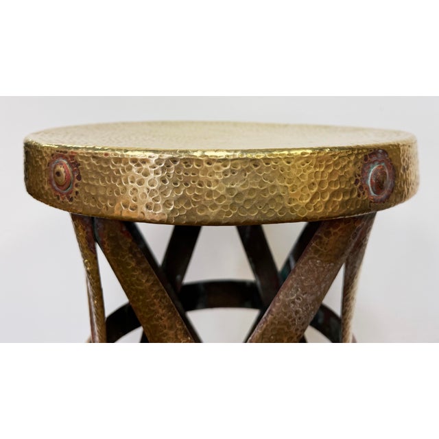Mid 20th Century Vintage X-Base Sarreid Style Hammered Brass Drum Stool For Sale - Image 5 of 8