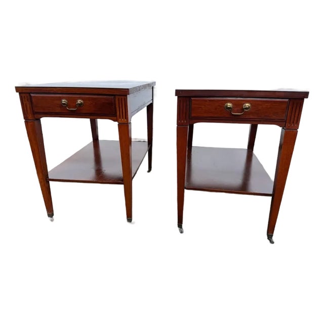 Pair of Vintage Federal Style Mahogany 2 Tier Side Tables on Casters by Mesman For Sale