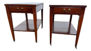 Pair of Vintage Federal Style Mahogany 2 Tier Side Tables on Casters by Mesman
