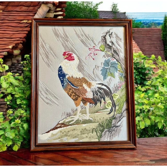 Mid 20th Century Vintage Bunka Embroidery Rooster Art-Framed-Japanese Punch Needlework-Textile For Sale - Image 5 of 12