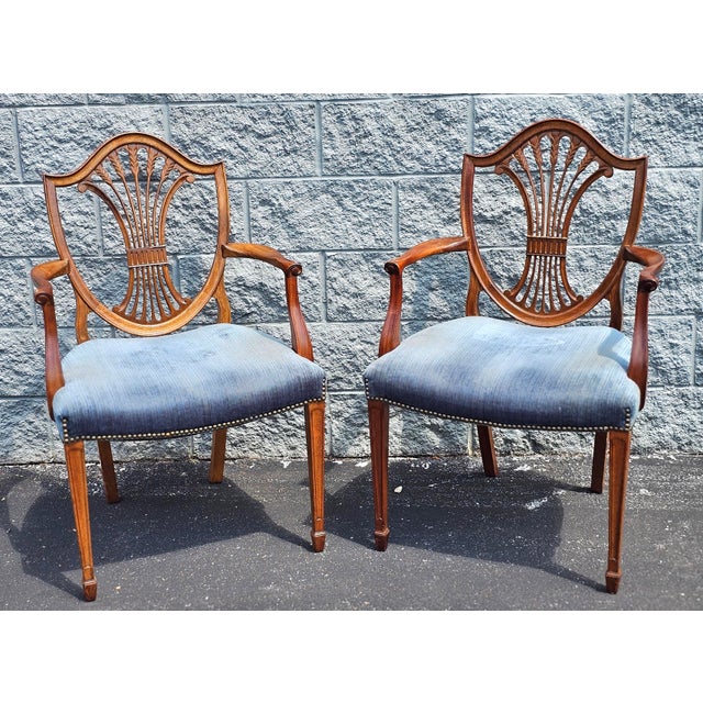 Pair Early 20th Century Hepplewhite Style Mahogany and Upholstered Shield Back Armchairs For Sale - Image 9 of 16