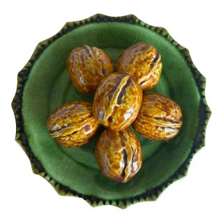 Vintage Portuguese Majolica Trompe L’oeil Walnut Dish For Sale