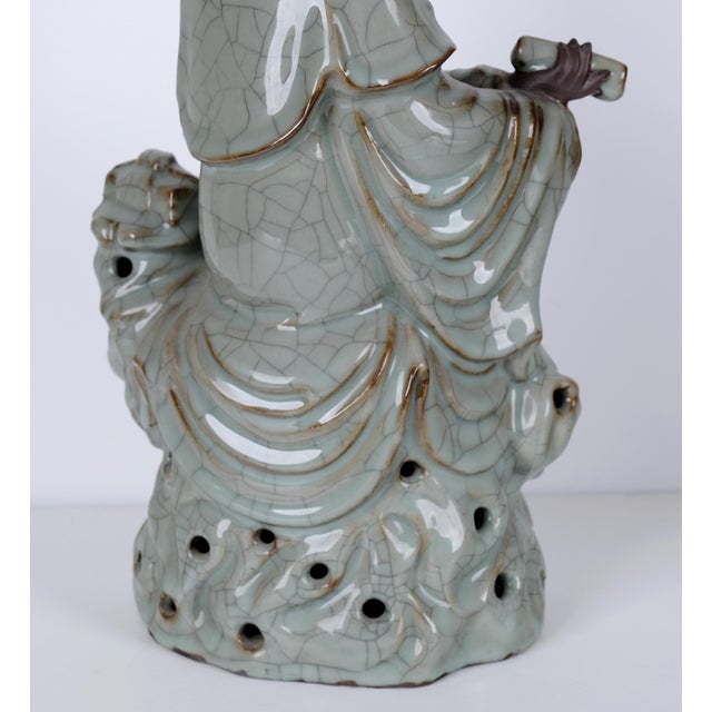 Antique Guanyin (Kwan Yin) Goddess of Mercy Buddha Late 19th / Early 20th Century Celadon Color W/ Craquelure Splendid Statue/Sculpture Vg+ For Sale - Image 11 of 12