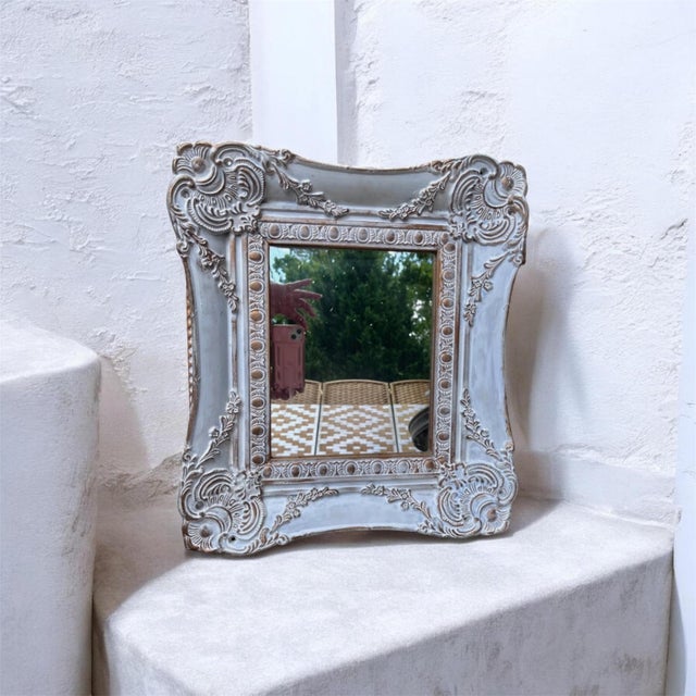 1980s French Country Wall Mirror Features a Heavily Distressed White Frame With Gold Trim For Sale - Image 5 of 15