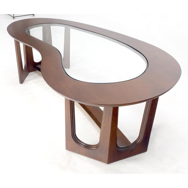 Brown Oiled Walnut Boomerang Kidney Shape Glass Top Stretcher Base Coffee Table Mint! For Sale - Image 8 of 15