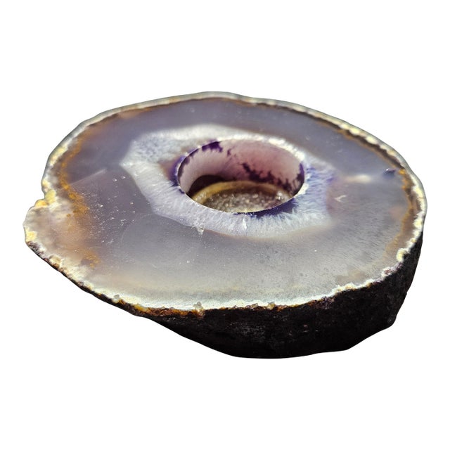 Polished Purple Agate Geode Slice Tea Light Candle Holder. For Sale
