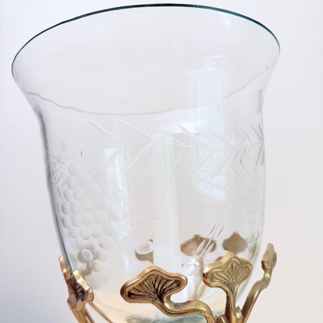 Antique Art Nouveau Brass Tripod Hurricane Candleholder With Etched Glass Shade — Ginkgo & Calla Lily Motif, Circa 1900–1910 For Sale - Image 10 of 12
