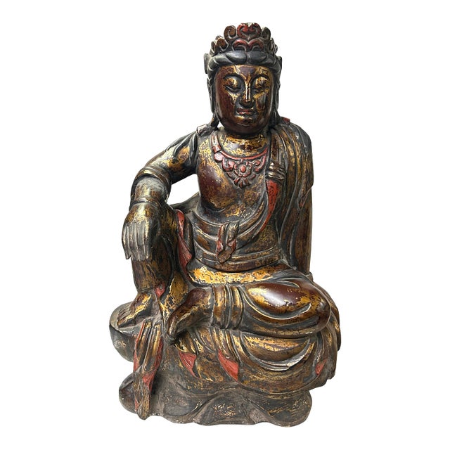 Vintage Chinese Golden Red Brown Lacquer Wood Bodhisattva Statue For Sale