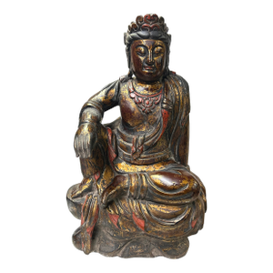 Vintage Chinese Golden Red Brown Lacquer Wood Bodhisattva Statue