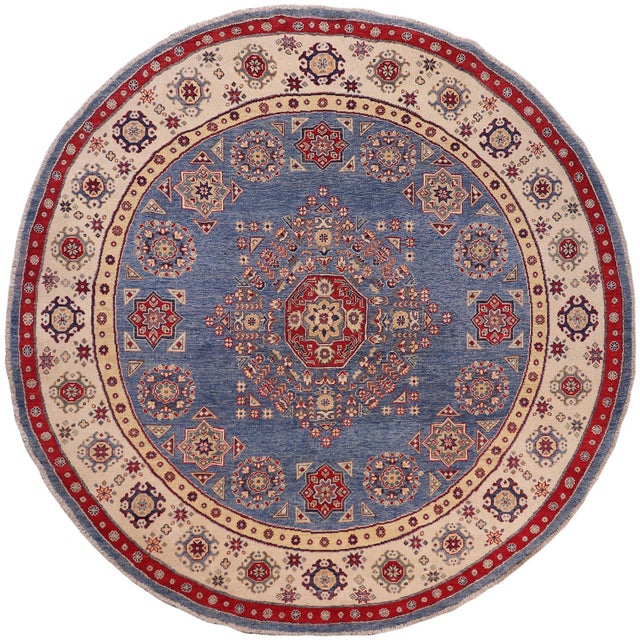 Boho Chic Kazak Light Blue/Beige Wool Round Rug- 8'0''x8'0'' For Sale - Image 9 of 9