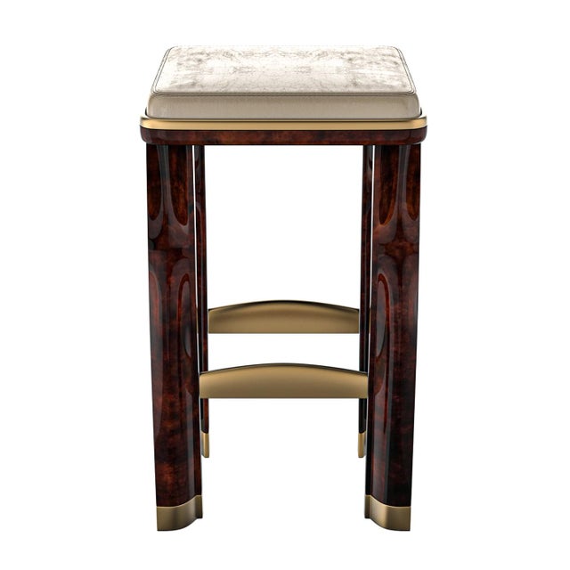 Wood "Pera" Bar Stool With Burl Walnut and Bronze Details, Hand Crafted For Sale - Image 7 of 8
